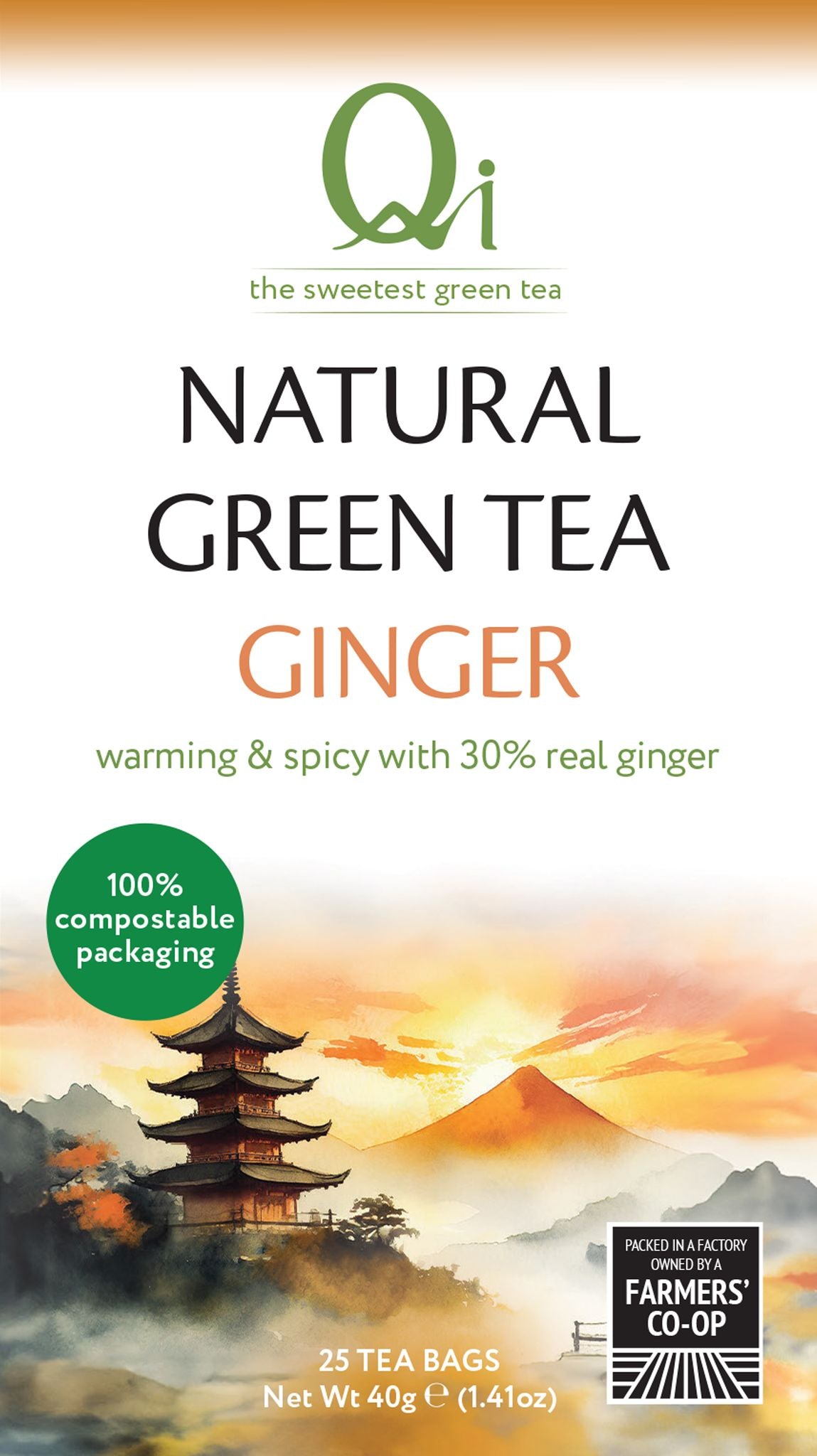 Qi Teas Organic Green Tea & Ginger - 25 bags / 40g