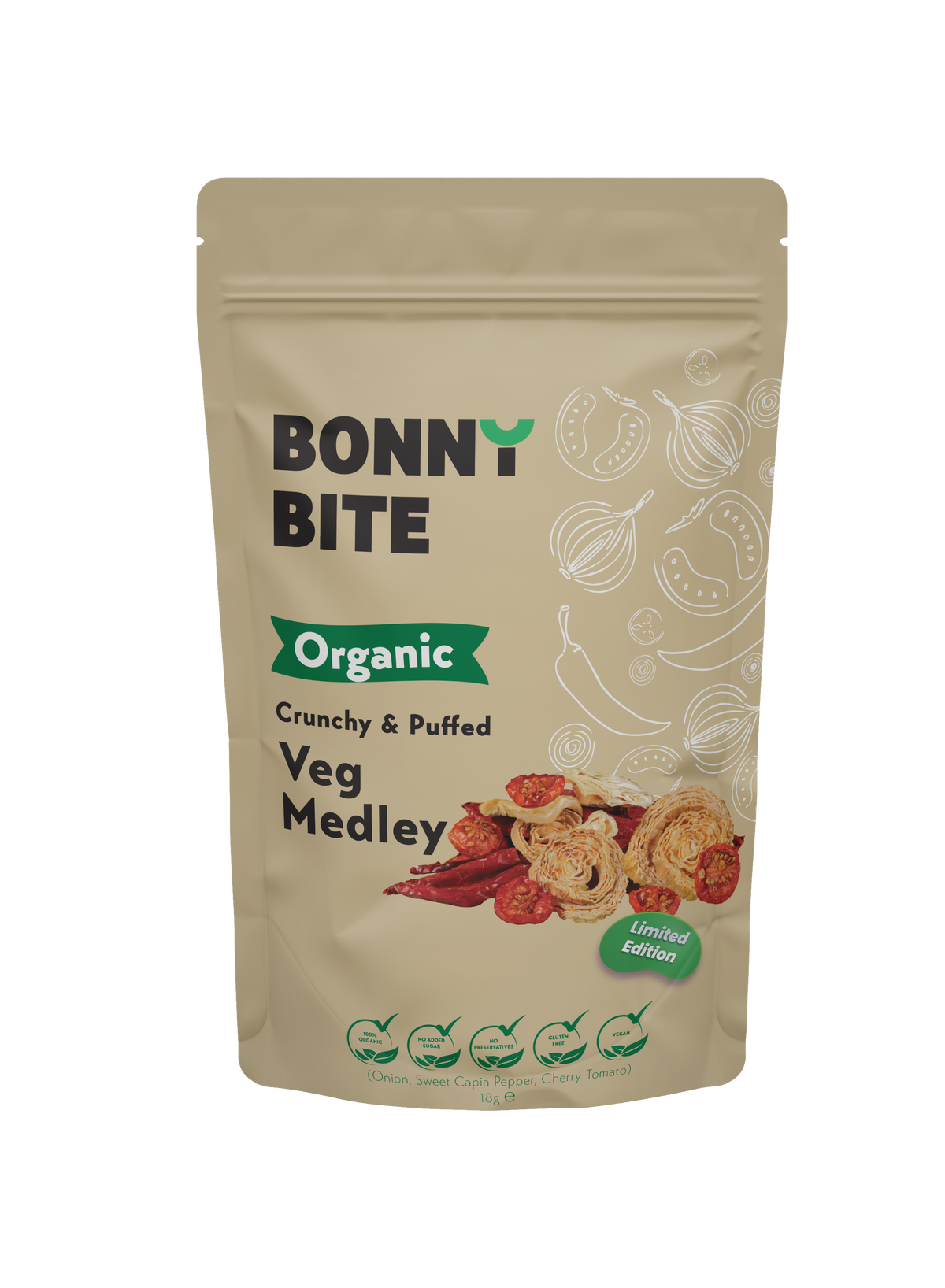 Bonny Bite Crunchy & Puffed Veg Medley (onion, capia pepper, cherry tomato) - 18g
