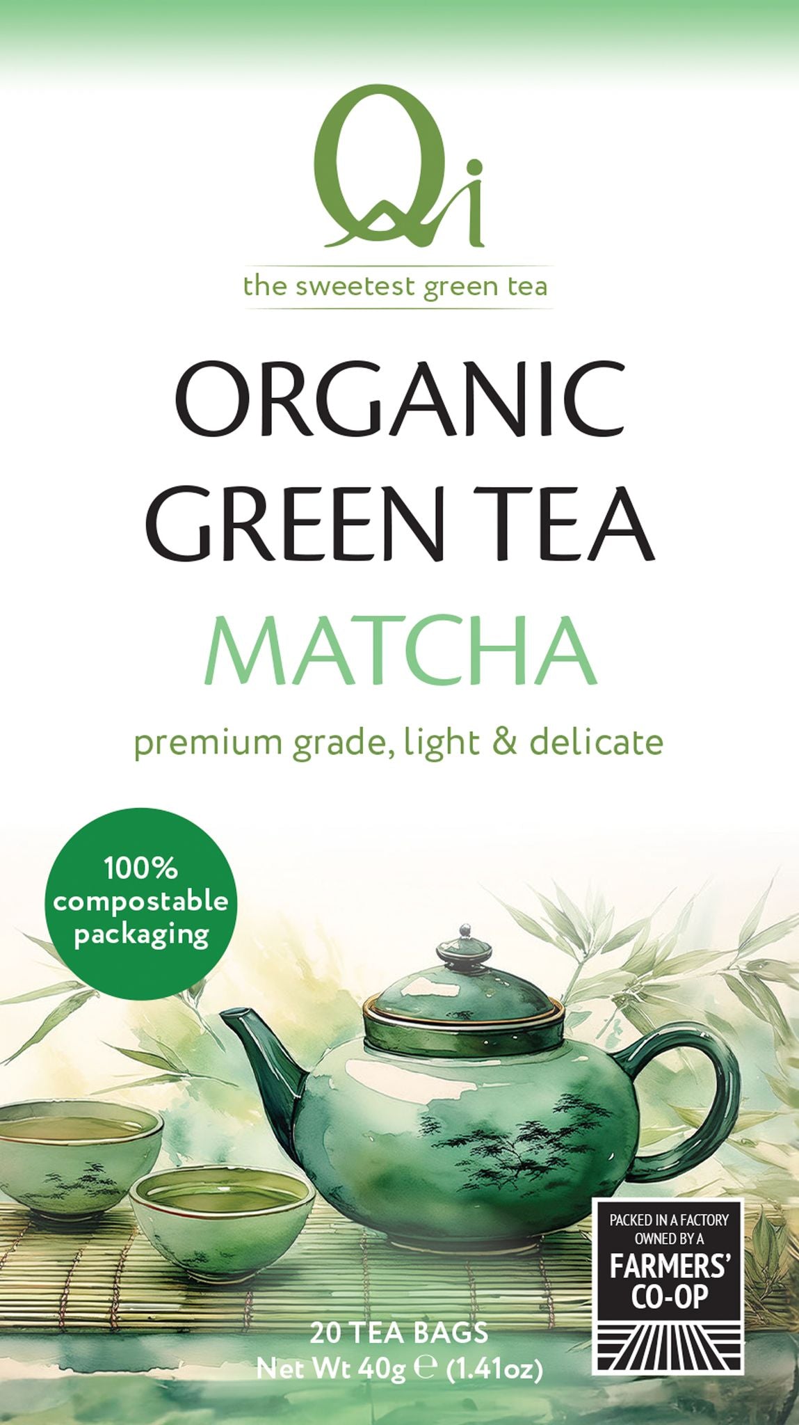Qi Teas Organic Green Tea & Matcha - 25 bags / 40g