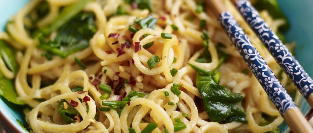 Sweet Potato Noodles with Cashew Butter and Spinach